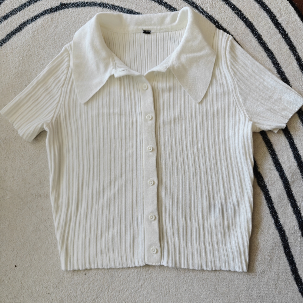 White Ribbed Knit polo Sweater